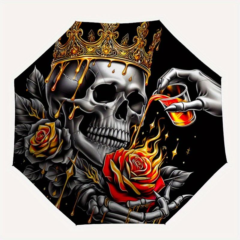 1pc Golden Crowned Skull with Roses Automatic Opening and Closing Umbrella - Small Umbrella Suitable for Various Occasions W049