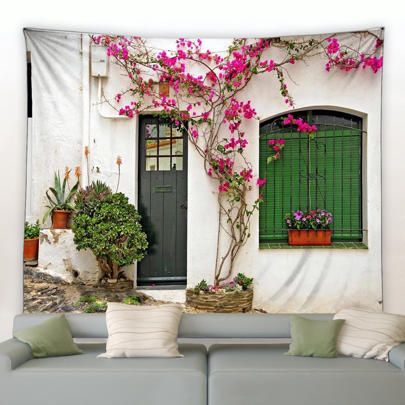 

Винтажный уличный гобелен с природными цветочными растениями, настенный гобелен с каменной стеной, синяя деревянная дверь, цветочный гобелен, украшение для комнаты 230X180CM