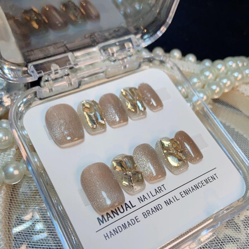 

Handmade Wearable Nail Art: Milk Tea Cat Eye Short Gel Nail Tips Large
