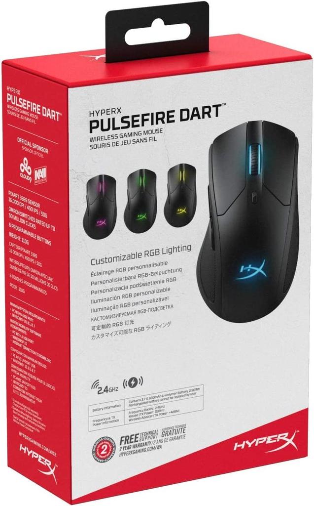 HyperX Pulsefire Dart RGB Wireless Gaming Qi for Mouse, Compatible, Gamers, 2-Year Warranty, HX-MC006B (4P5Q4AA) [Used]