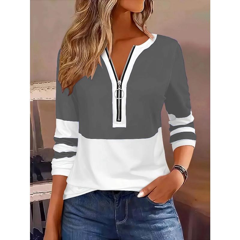Plus Size Long Sleeve T-Shirt with Geometric Stripes Color Block Ring Zipper Detail  Fall Fashion