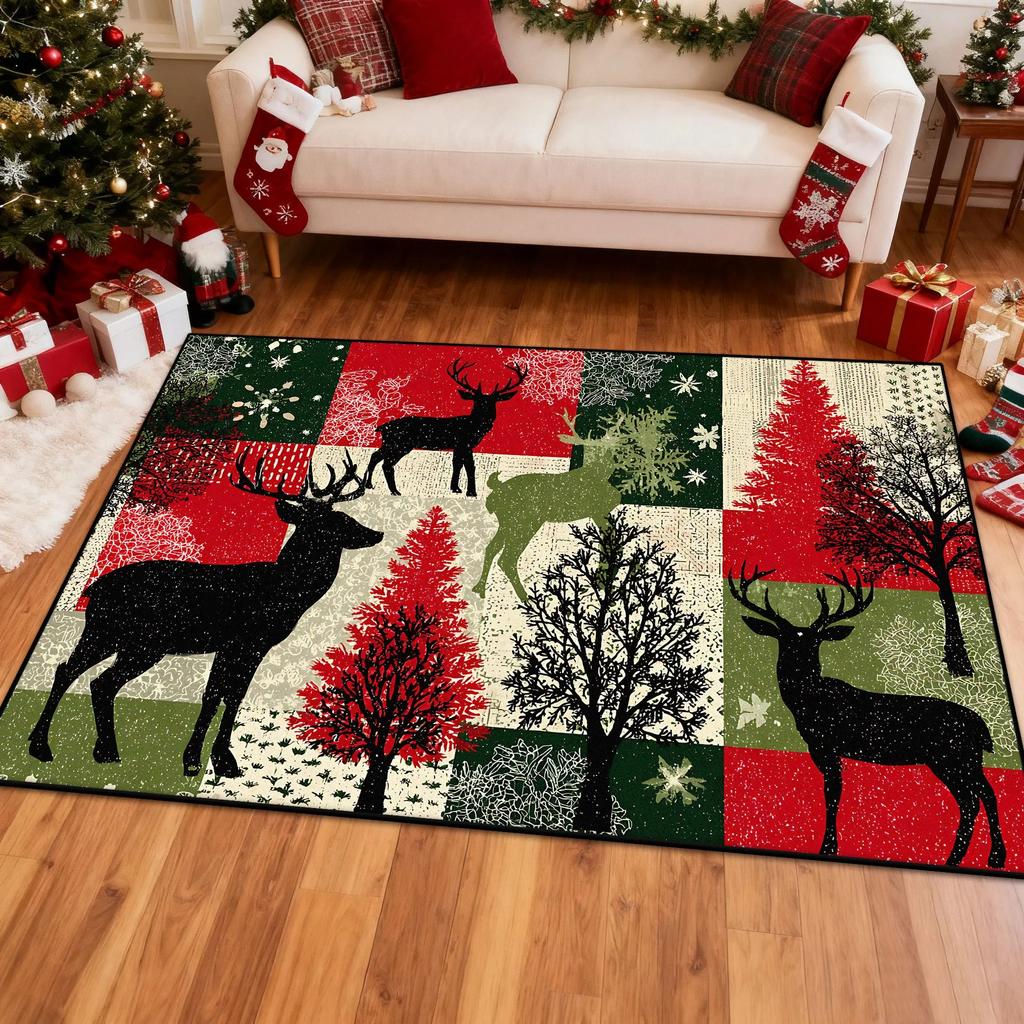 Christmas Carpet Mat Reindeer Snowflake Pattern Home Decoration Rug Festive Xmas Festive Decor for Living Room Holiday Season