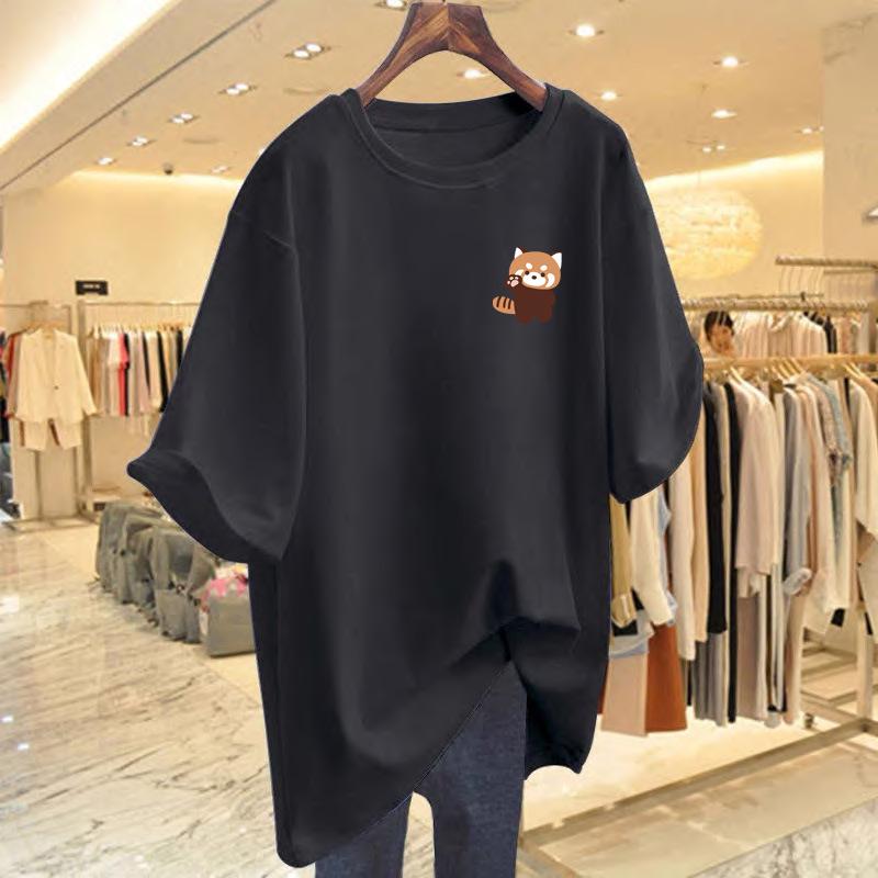 2025 Women's Summer Loose Fit Letter Print Round Neck Mid-Length T-Shirt