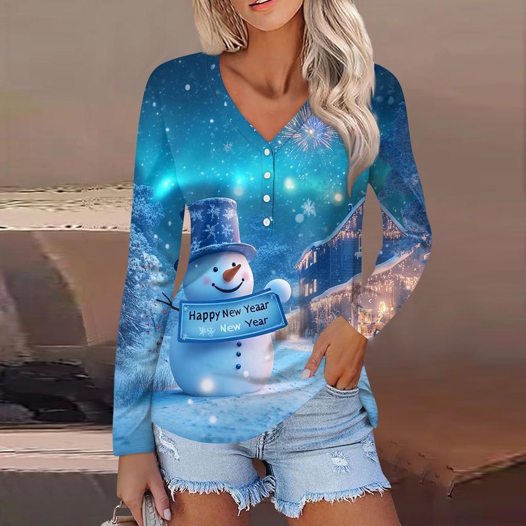 Women's Casual Fashion Sexy Comfort Christmas Printed V-Neck Button Long Sleeve