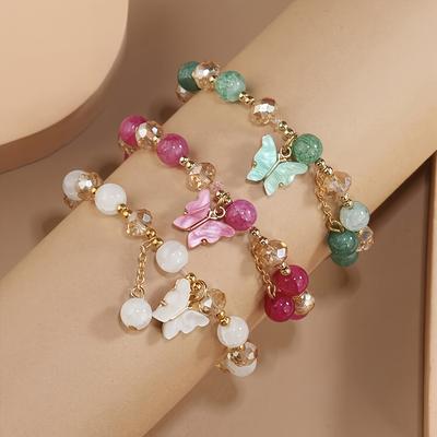 3pcs Boho Glass Bead Bracelet Set, Butterfly Pendant Vintage Elegant Wristband - Ideal Birthday Gift for Women, Charm Bracelets