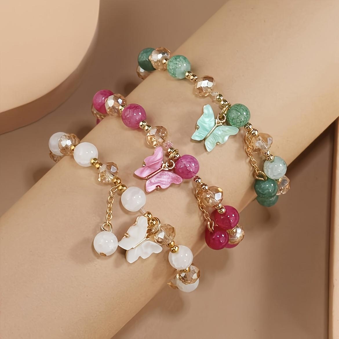 

3pcs Boho Glass Bead Bracelet Set, Butterfly Pendant Vintage Elegant Wristband - Ideal Birthday Gift for Women, Charm Bracelets