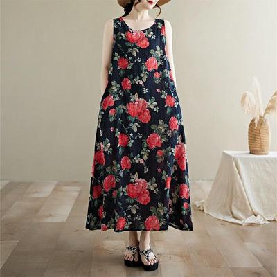 Sleeveless Plus Size Cotton Vintage Floral New In Dresses for Women Casual Loose Long Summer Dress
