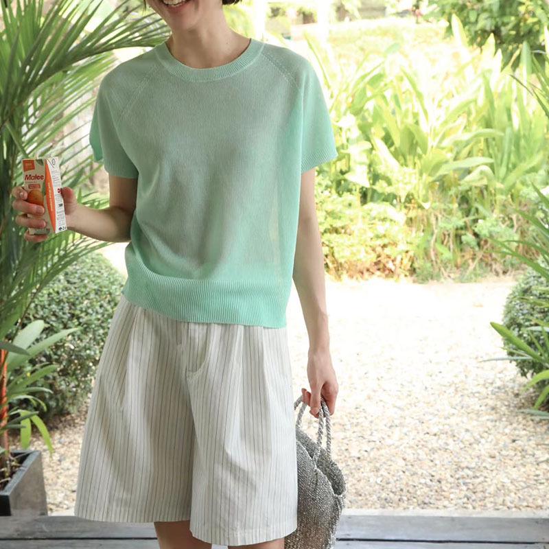 

Plus Size Women s Pastel Round Neck Short Sleeve Knit Top - Summer Loose Fit L (Recommended for 100-130 lbs) світло-зелений колір