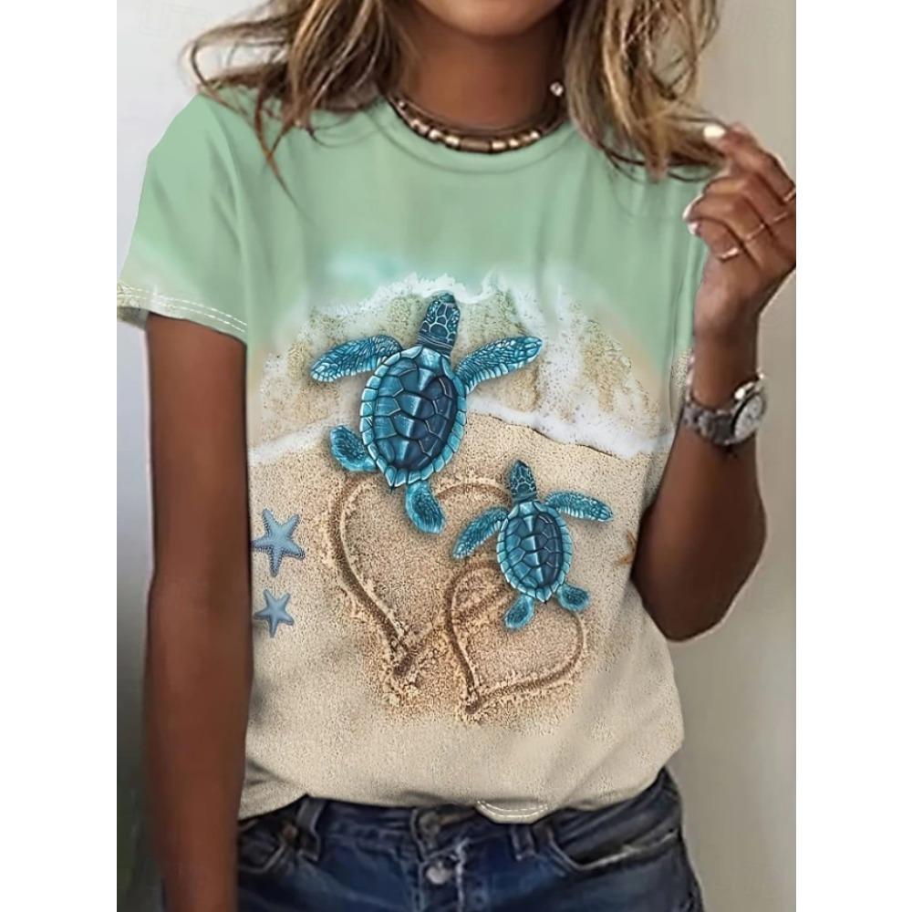 Tricou de Damă Retro Creativ cu Imprimeu Model Broască Țestoasă Funny Casual cu Gât Rotund Mânecă Scurtă Tricou de Vară pentru Femei