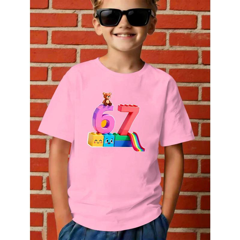European sizes Boys' Short Sleeve T-Shirt Compatible for Valentine's Day & New Year Gifts - Summer Casual Round Neck Tee with Number 67 Print