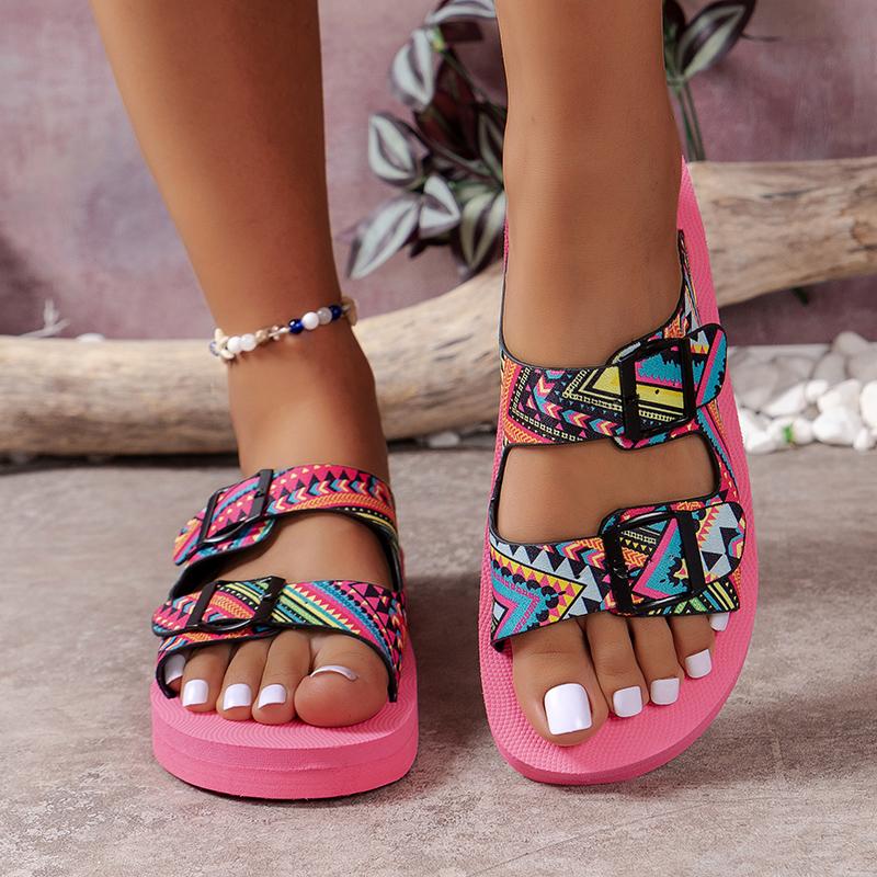 Fashion Women Slippers New Summer Print Flat Outdoor Sandals Beach Outdoor Shoes All-match Casual Large Size Slippers Home Slides Women
