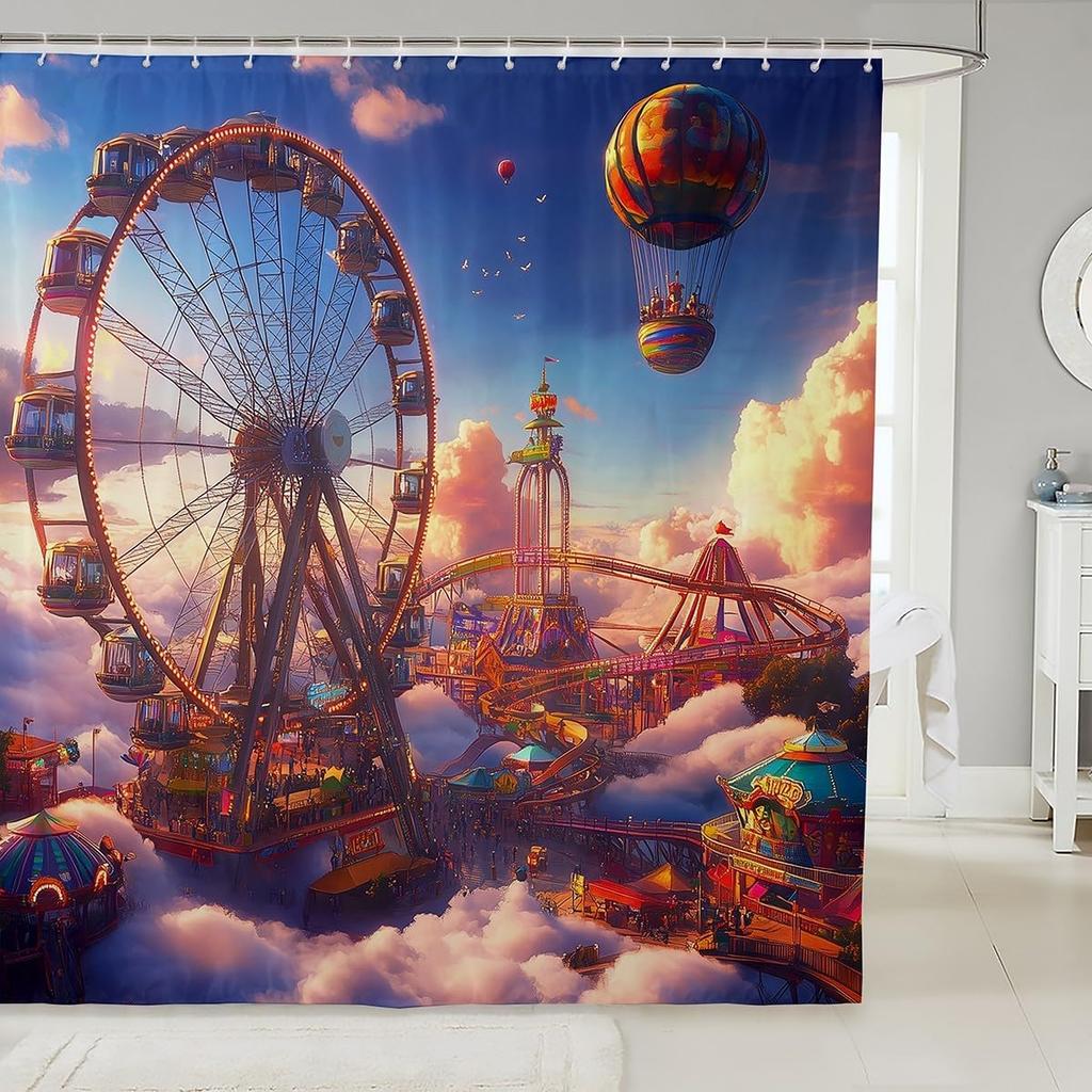 Cartoon Circus Bathroom Curtains Happy Holiday Shower Curtain Sets for Kids Boys Girls Funny Ferris Wheel Shower Curtain Funny