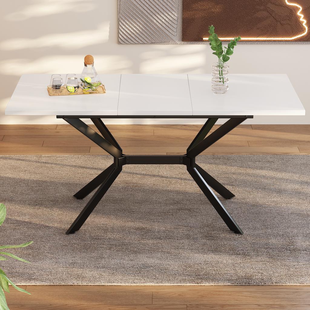 White Extendable Dining Table 120/160*80cm, Table Legs Made of Black Metal, White Rectangular Dining Table, Suitable for Four To Six People