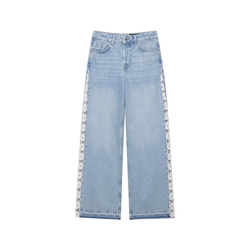 Women s 2026 New Spring and Autumn Crochet Patchwork High-Waisted Wide-Leg Jeans XS