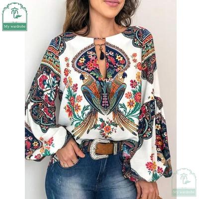 Frauen böhmische Kleidung Hemd Vintage Blumendruck Tops Damen Blusen Hemd mit Ballonärmeln