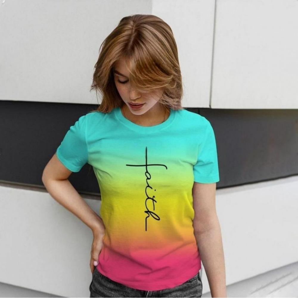Women s T-shirt, gradient color, rainbow cross T-shirt, fashion, Korean tie-dye top XXS