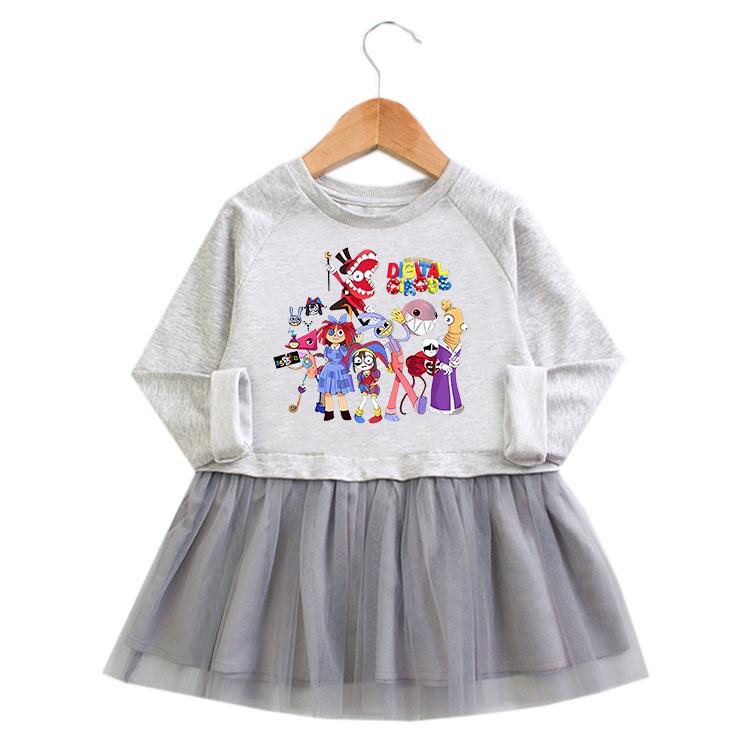 Korean Spring & Autumn Girls' Cartoon Long Sleeve Mesh Princess Dress, 2026