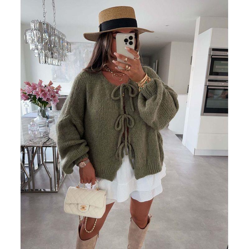 Simple Sweater2025 European and American Autumn and Winter New Women round Neck Lace-up Knit cardigan Simple Sweater Outerwear