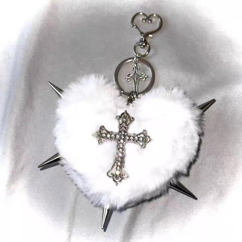 Bag Decoration Rivet Cross Keychain Rock Heart Punk Jewelry Leopard Print Keyring Jewelry Gift