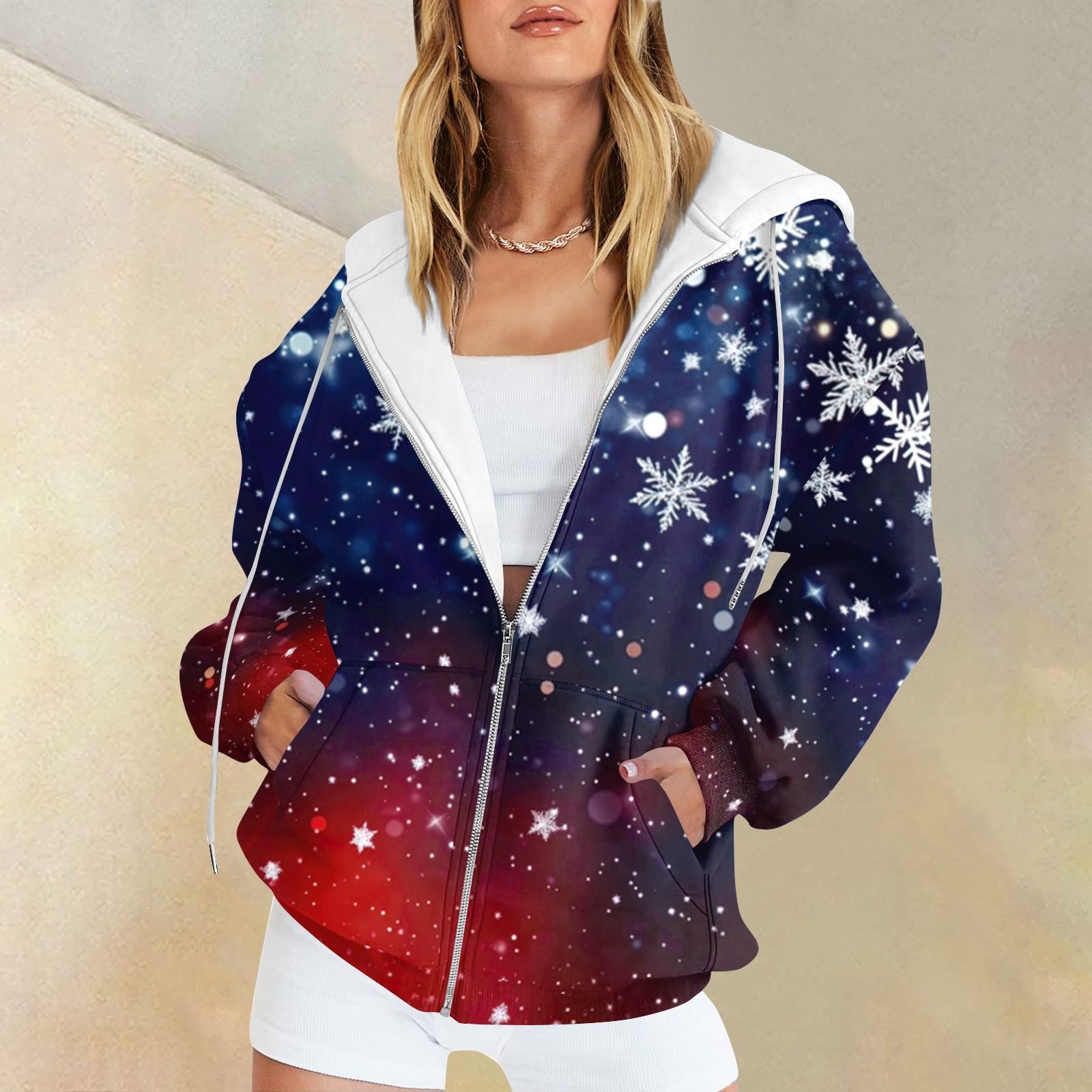 

Женская мода повседневная рождественская принтовая толстовка зимняя с длинным рукавом кардиган куртка с карманом на молнии толстовка с капюшоном куртка L синий