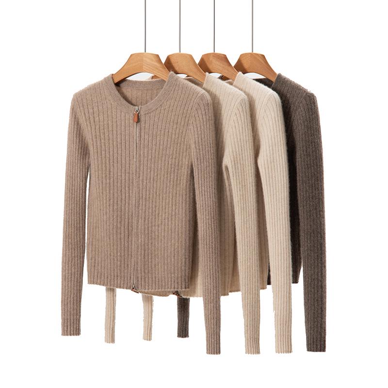 Women's Pure Cashmere Double Zipper Ribbed Cardigan - Round Neck, Long Sleeve, Versatile Loose Knit for Autumn & Winter.