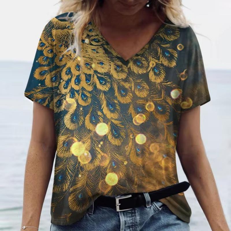 Summer V Neck Women T-Shirts 3D Print Peacock Feather Graphic Fashion Short Sleeve Harajuku Y2k Top Oversized Casual Female T Shirt