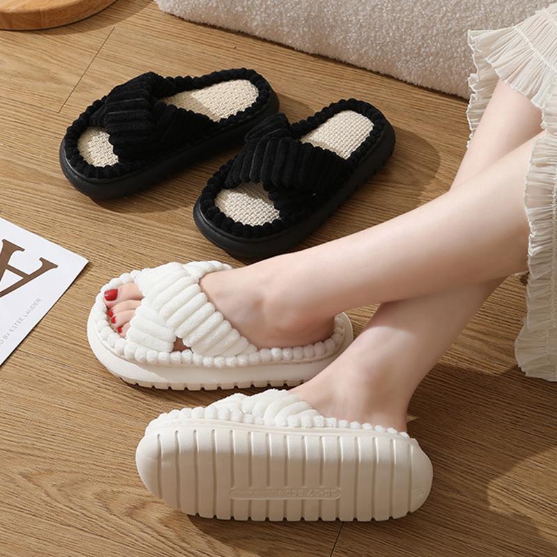 Fashion Cross Strap Corduroy Platform Slippers Women Thick Sole Comfortable Indoor House Slippers Woman Open Toe Non Slip Cotton Shoes