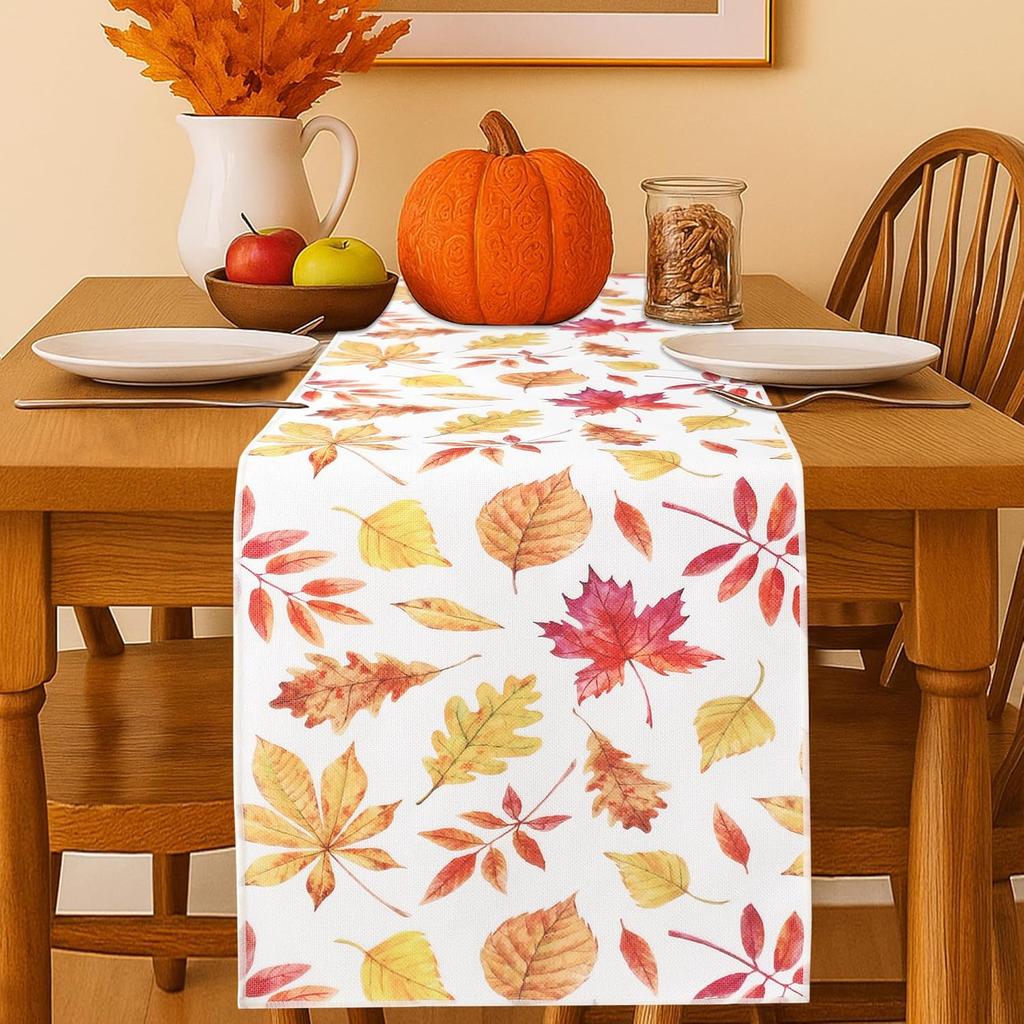 OWENIE Fall Table Runner for Kitchen Dining Table, Thanksgiving Autumn Printed Harvest Pumpk Maple Leaves Textured Fabric Halloween Holiday Home