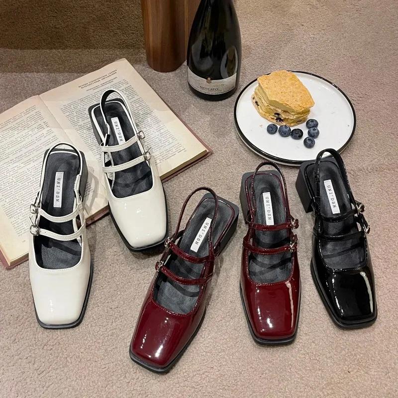 Fashion 2024 New Spring Faux Patent Finish High-heel Shoes with Straps Slingback Fashion Pumps for Women Square Toe Block