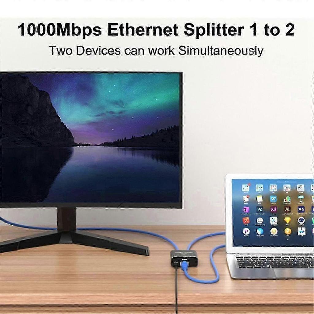 Gigabit Ethernet Splitter Network Adapter for 2 PCs and Laptops 1 in 2 Out RJ45 Splitter with 1000Mbps Speed Hwy