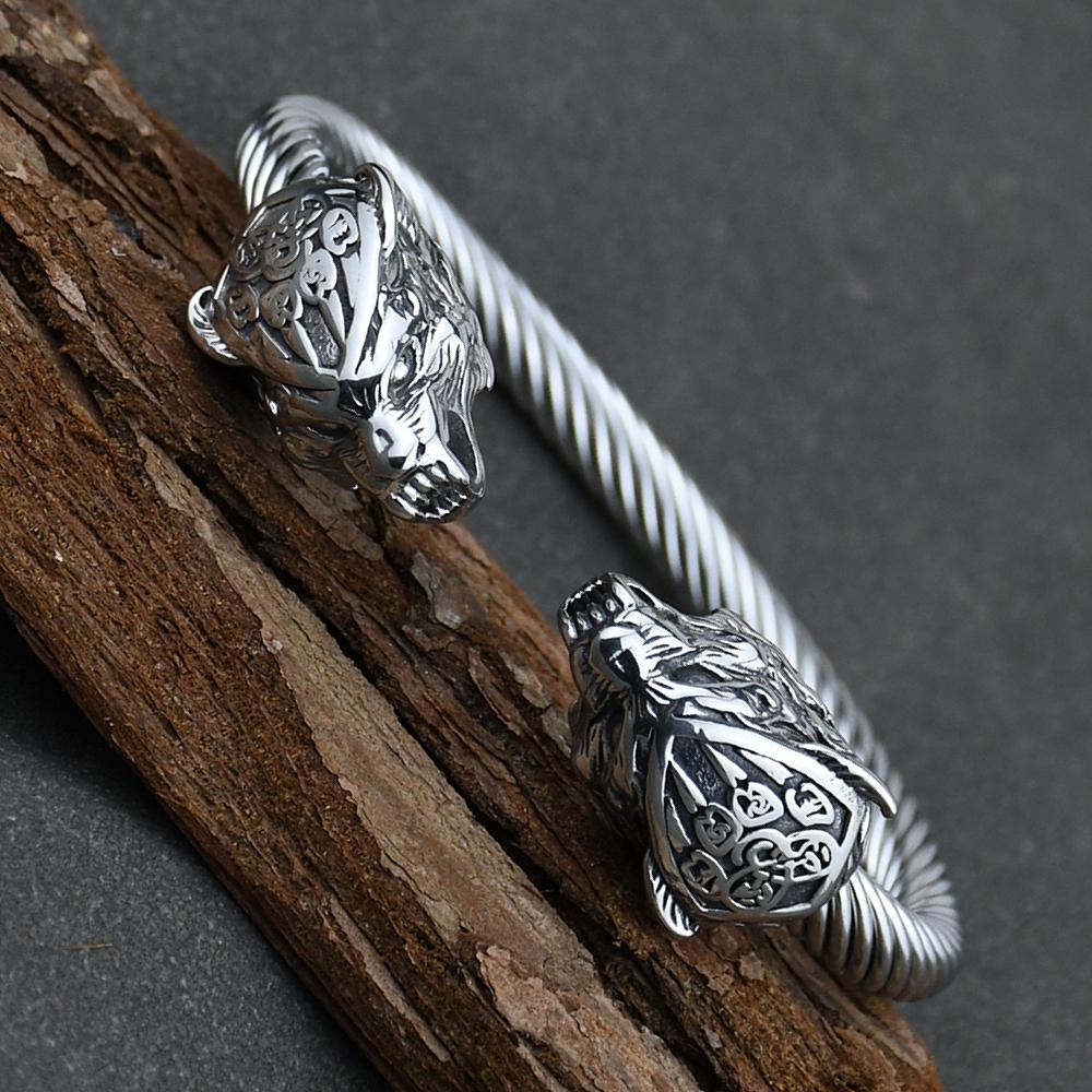Pulseira Viking de Lobo em Aço Inoxidável Masculina com Amuleto de Pata de Urso Geri Freki para Presente Masculino