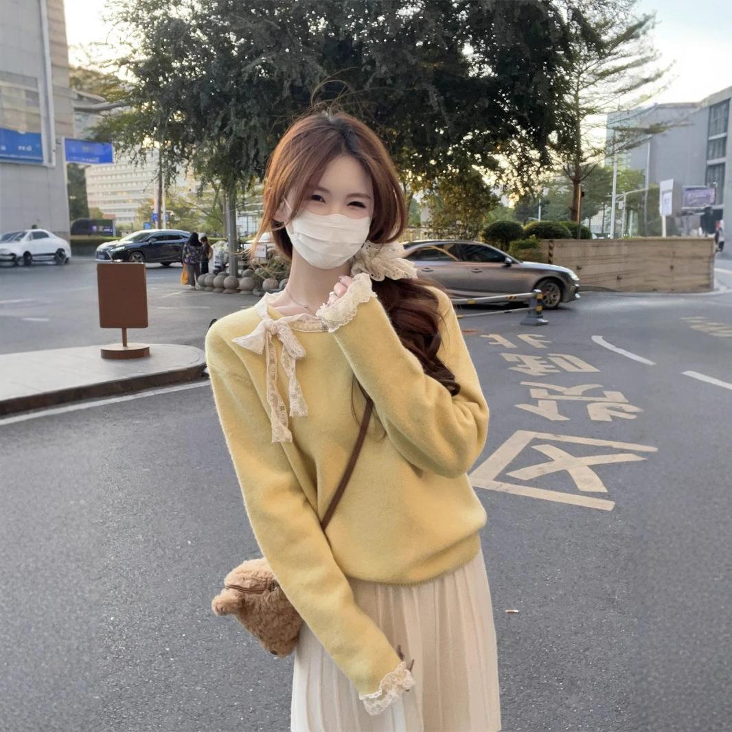 

Сладкий кружевной топ с бантом, вязаный, женский, весенний, корейский, облегающий, базовый слой, рубашка с длинным рукавом One Size