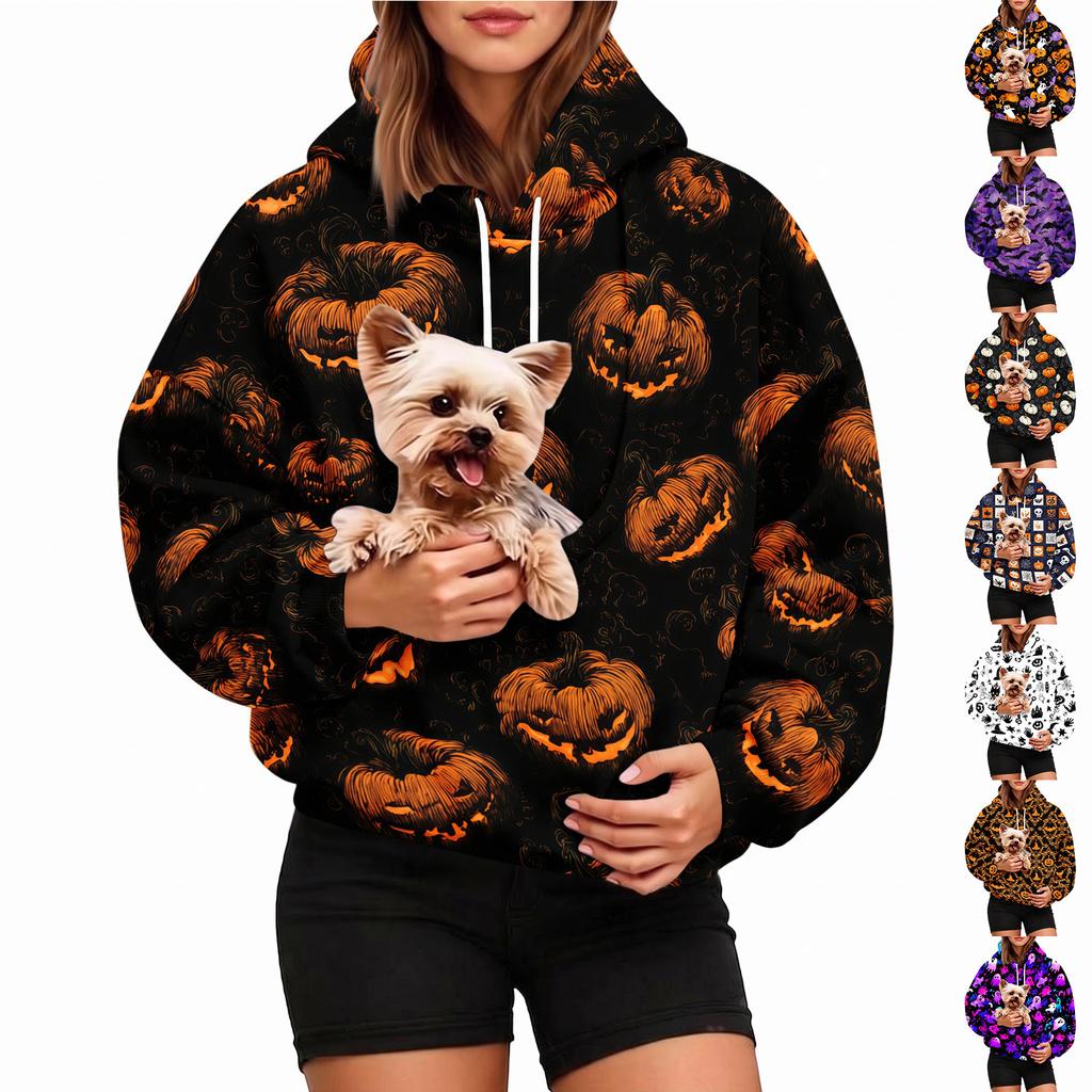 Women's Fashion Halloween Print Hoodie with Pet Pocket, Casual Pullover Sweatshirt