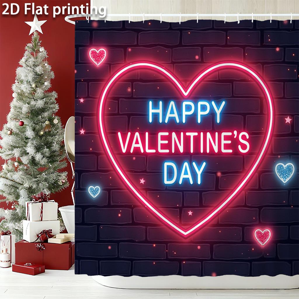

Shower Curtain Glowing Heart & Happy Valentine S Day Sign On Dark Brick, Urban Romantic Art For Party Decor W60H190(CM)-1 Pcs