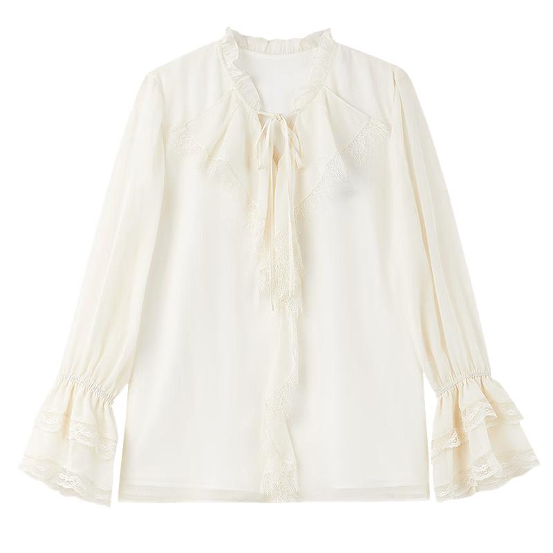 Women s Autumn 2025 Retro Elegant Lace-Trim Chiffon Blouse S