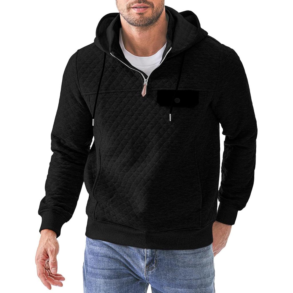 Men's Solid Color Plaid Hooded Sweatshirt Men's Casual Pocket Half Zipper Hooded Sweatshirt