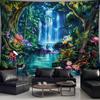 Forest Waterfall Tapestry, Lush Jungle With Colorful Flowers, Nature Scenery Wall Art For Living Room Bedroom
