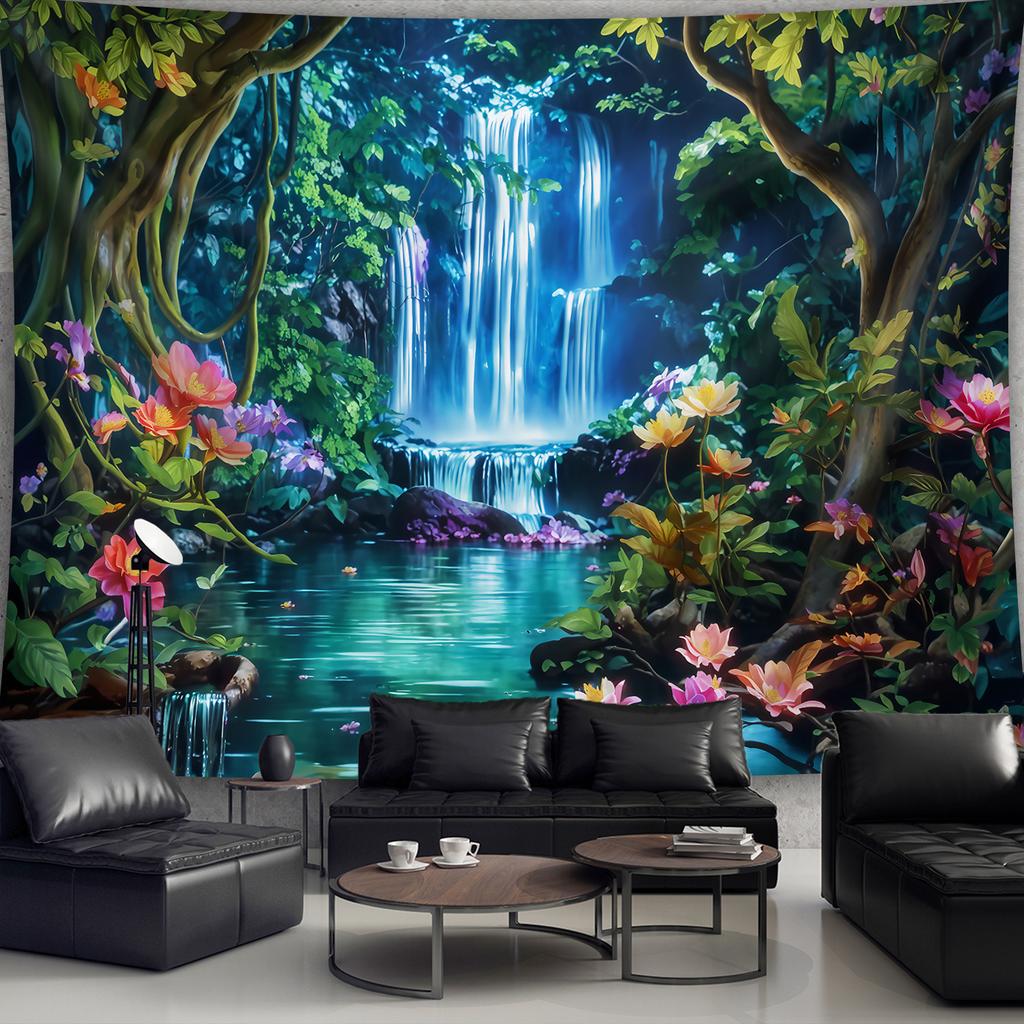 Forest Waterfall Tapestry, Lush Jungle With Colorful Flowers, Nature Scenery Wall Art For Living Room Bedroom