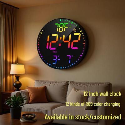 12-inch LED Smart Wall Clock: RGB Color, Silent Digital Display, Remote Control, Snooze Alarm, Countdown Timer.