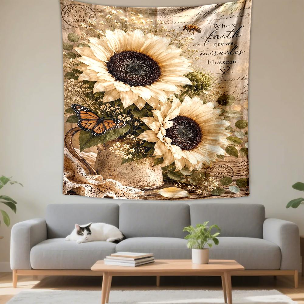 Sunflower and Butterfly Rustic Vintage Design Patterned Tapestry for Bedroom and Living Room Home Decor