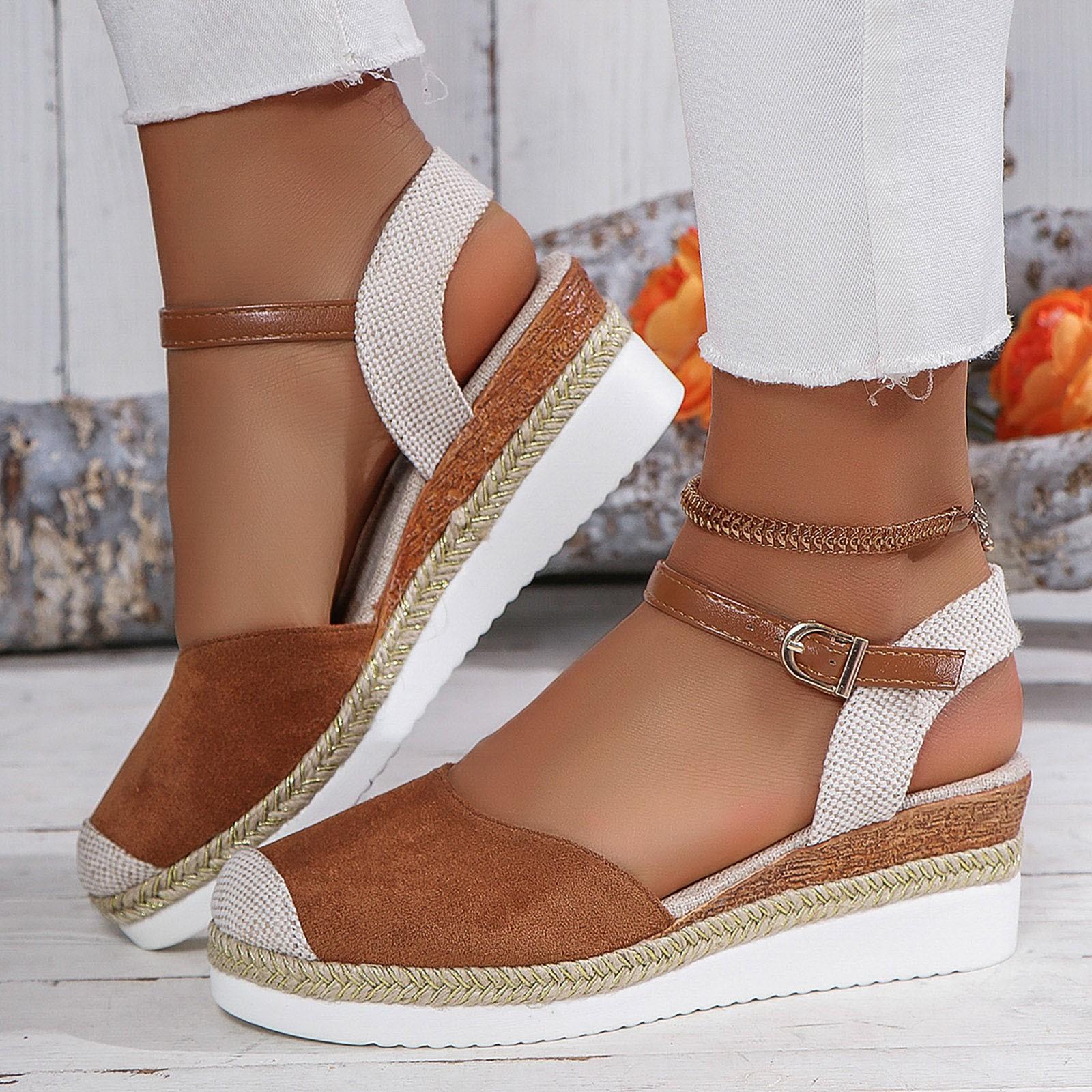 

Rhinestone Platform Sandals For Women Vacation Slingback Court Wedges Sandals For Women Canvas Espadrille Sandals For Woman 37 коричневый