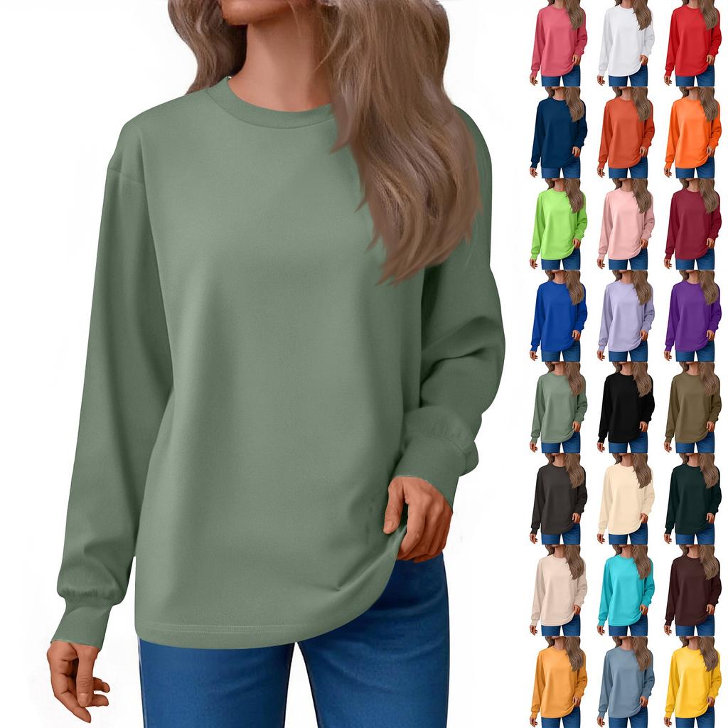Women's Fashion Loose Round Neck T-Shirt Solid Color Casual Long Sleeve Top