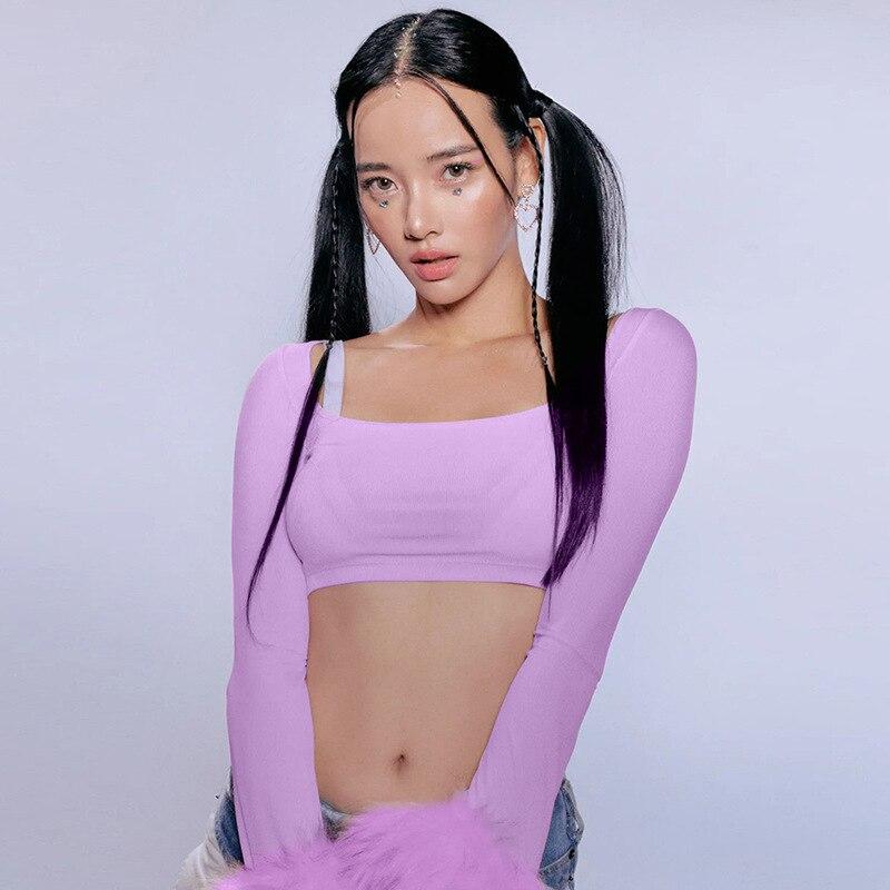 Square Neck Long Sleeve T-Shirts Women 2022 Fashion Cute Feather Top faux fur Sexy Y2K Crop Top Streetwear Tee Shirt femme