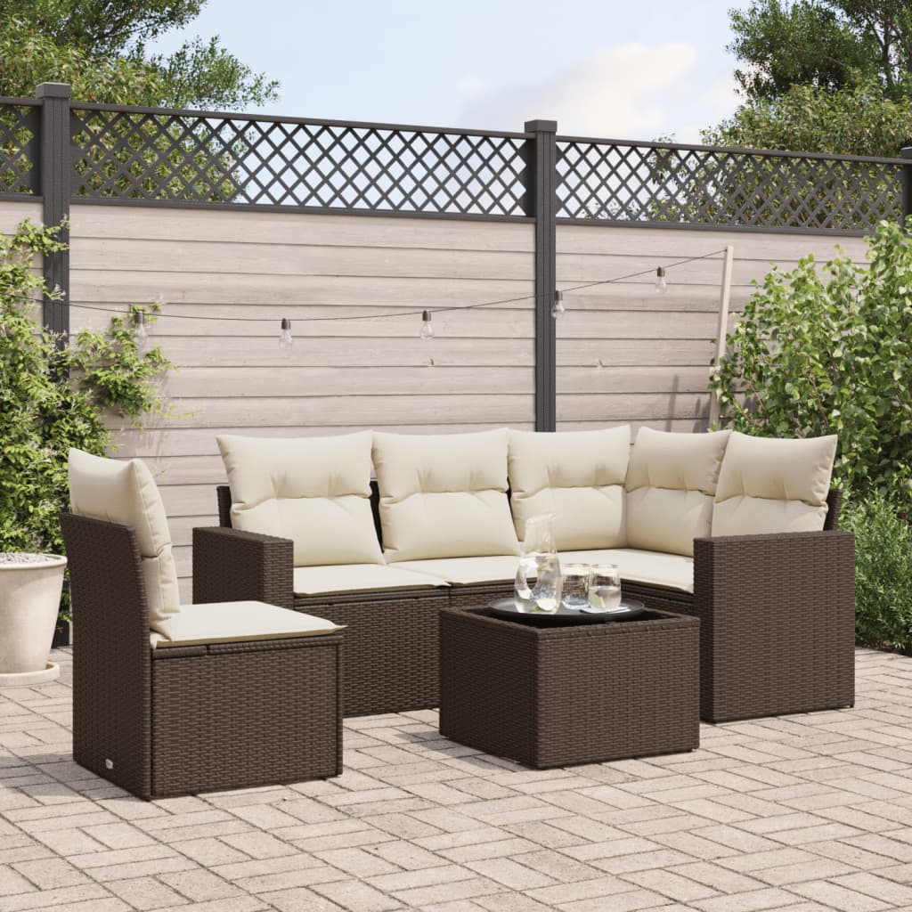 6 Piece Garden Sofa Set with Cushions Brown Poly Rattan