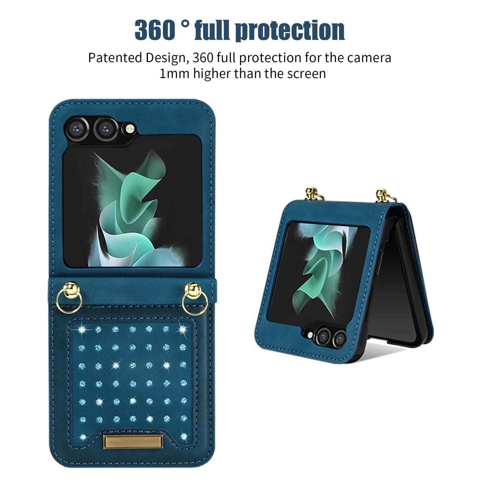 

Чехол Galaxy Z Flip 5 с полной защитой на 360°, чехол через плечо для Samsung Galaxy Z Flip 5/4/3, кожаный кошелек с бриллиантами, чехол на ремешке, противоударный чехол-подставка galaxy z flip 5