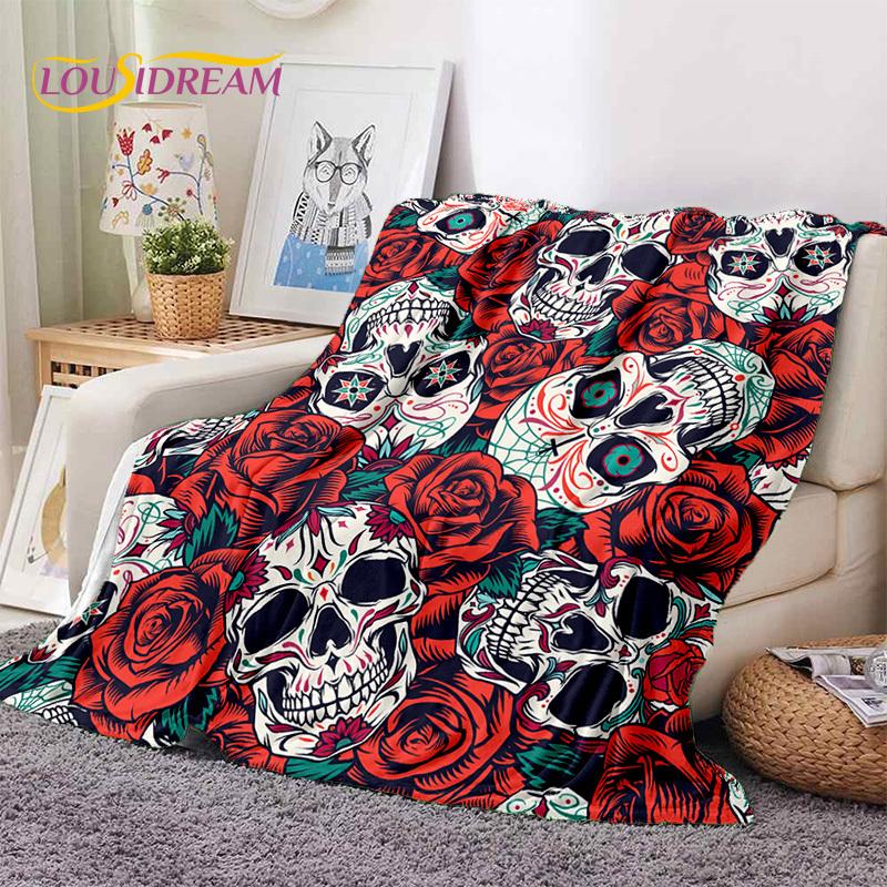 3D Horror Gotycka Czaszka Szkielet Miękkie Flanelowe Kocyki, Koc do Rzucania Wygodny Koc na Piknik Łóżka Kanapę Domową Sypialnię Prezenty
