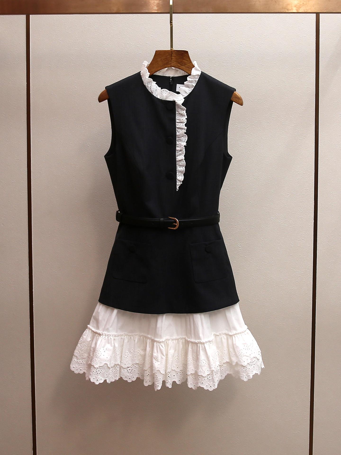 French Elegant Patchwork Lace Trim Sleeveless Vest Dress - New Spring Style for Women L серый