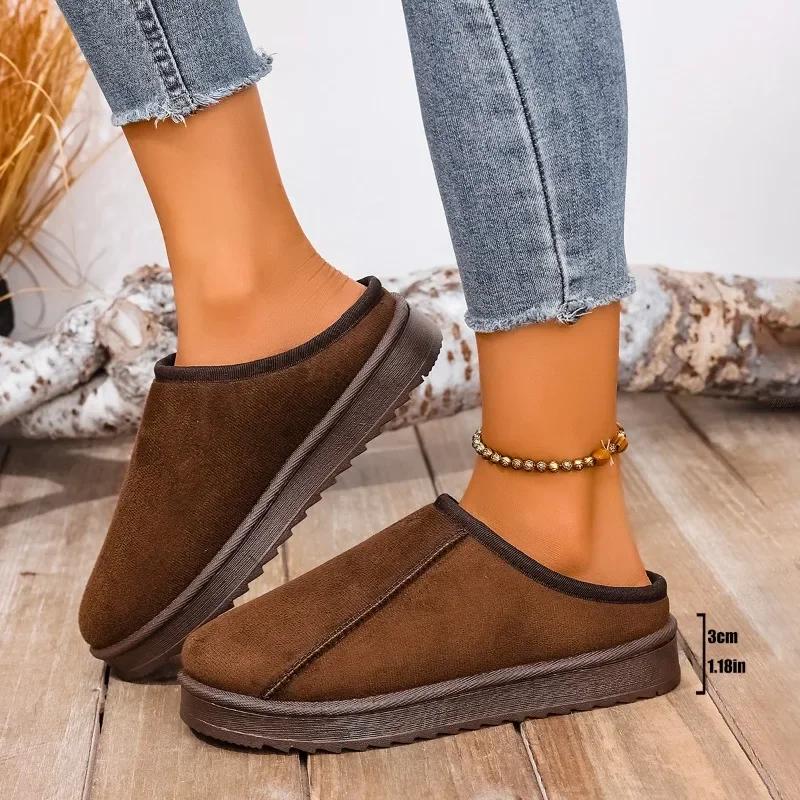 Fashion Women's Large Size Cotton Slippers Round Toe Winter Boots Fleece Lined Slip On Booties Comfortable Casual Footwear
