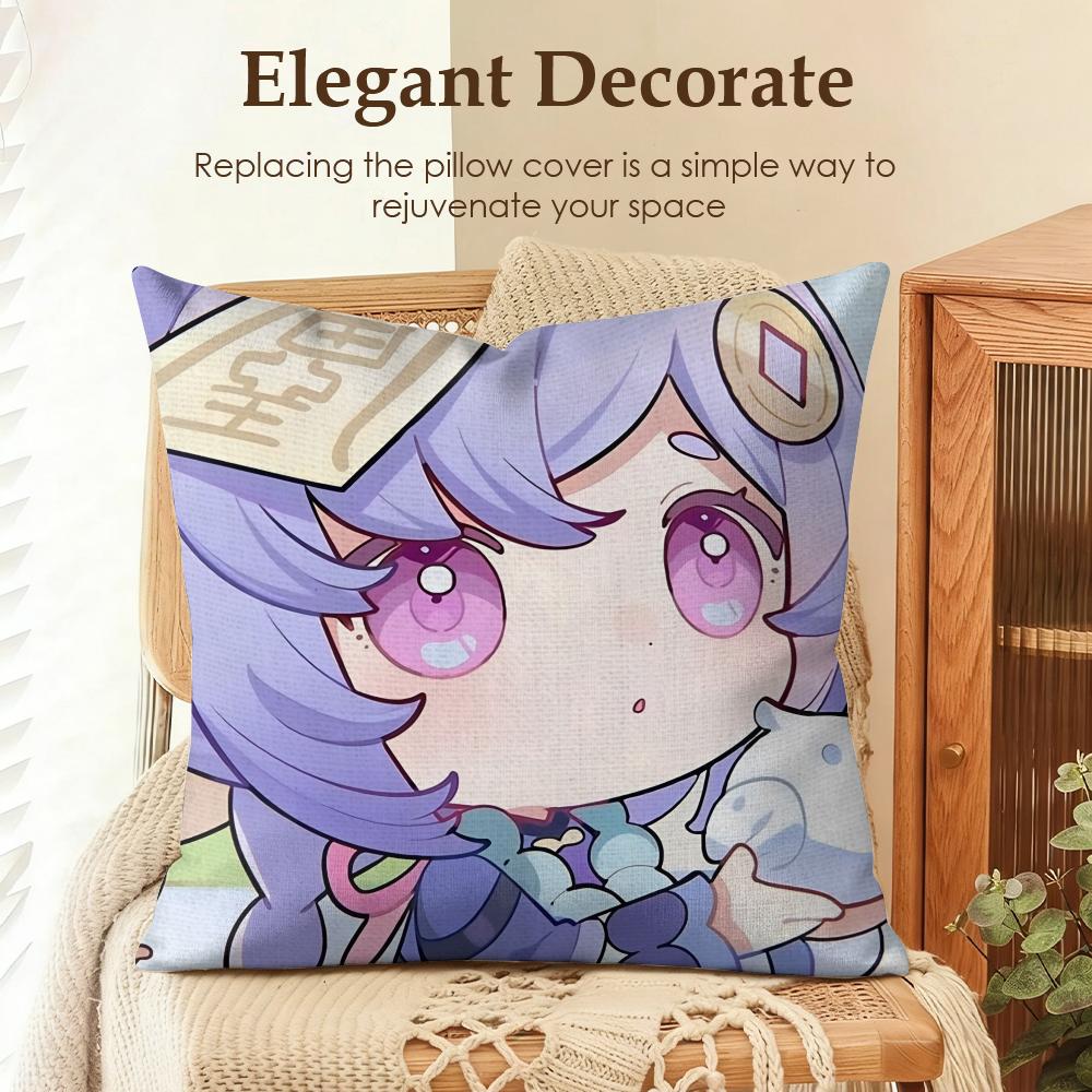 Qiqi Cute Genshin Impact Cushion Cover Natural Linen Organic Fabric DoubleSided Printing Sofa Home Decor Gift Pillow Case