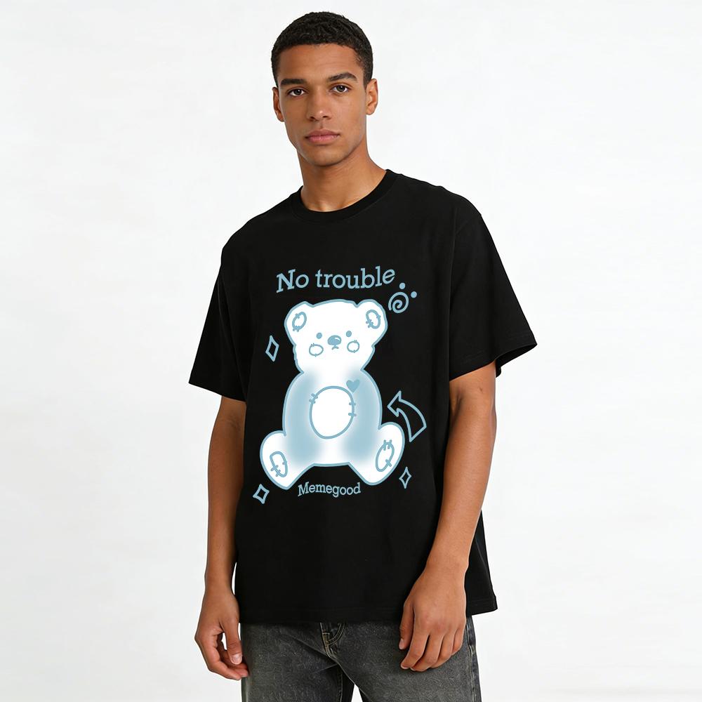 No Trouble Bear Print Casual Top Loose Comfy Daily Wear Unisex Cute Cartoon Graphic Tee Pure Cotton T-shirt